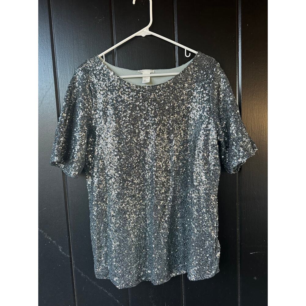 H&M Mama Silver Sequin Short Sleeve Top Party Holiday Sparkle